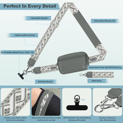 Image of YFWE Clip and Go Strap for Phone with Wallet Crossbody, Adjustable Phone Lanyard with Detachable RFID Wristlet Wallet, Pattern Strap - Grey(L)