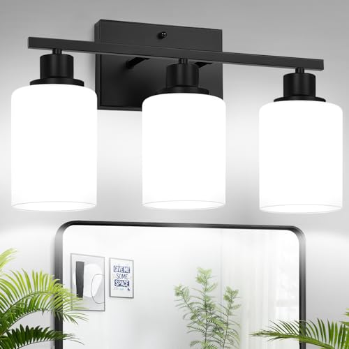 Image of MOKATNG 3-Light Bathroom Light Fixtures, Vanity Light with Milky White Shades, Matte Black Bathroom Light Fixtures Over Mirror, Modern Bathroom Wall Lamp for Mirror Living Room Cabinet Bedroom