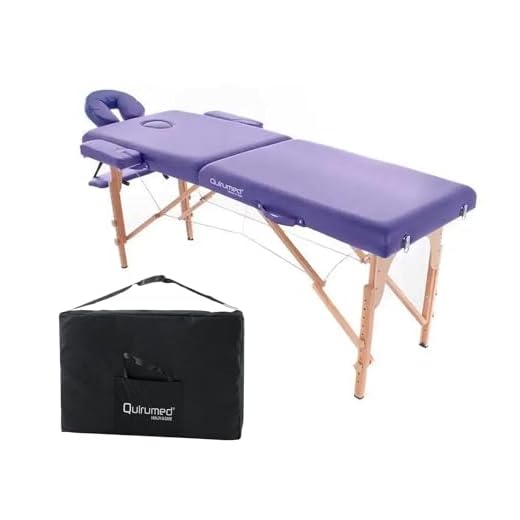 QUIRUMED Camilla Plegable Masaje de Madera Easy, Color Morado, 194 x 70 cm, Mesa de Masaje, Masaje Fisioterapia, Polipiel, Cabezal articulado, Altura Regulable, 2 cuerpos, hasta 150 kg