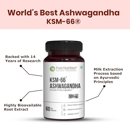 Image of Pure Nutrition Ashwagandha KSM66 (500mg) - 60 Capsules | Ashwagandha Supplement for Men & Women | Clinically Studied Root Extract | Supports Stress Relief, Energy, Stamina & Recovery