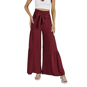 LYANER Women’s Casual Tie Front Smocked High Waist Wide Leg Pleated Palazzo Lounge Pant