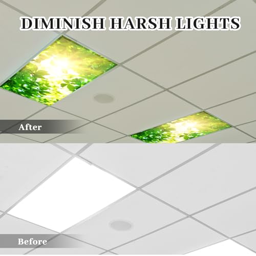 Image of Hortsun Pack of 2 Fluorescent Light Covers 4 x 2 Feet Magnetic Ceiling Light Cover Room Supplies for Home Office(Green Leaf)