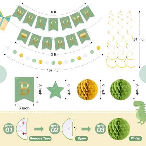 Image of WinnerWhy 25 Pcs Baby Shower Sage Green Decoration, Neutral Green Welcome Baby Banner with Glitter Stars, Hanging Swirls, Honeycomb Balls, Circle Dots Decorations for Gender Neutral Reveal Party Decor