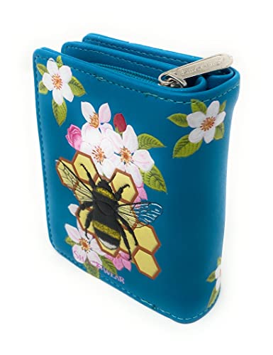 Shag Wear Bumble Bee Honeycomb Floral Tattoo Small Animal Wallet for Women and Teen Girls Vegan Faux Teal 4.5"2