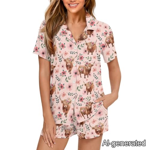 Image of Renewold Women's Short Sleeve Pajama Set Button Down Sleepwear with Notch Collar Soft Lounge Top and Shorts with Pockets