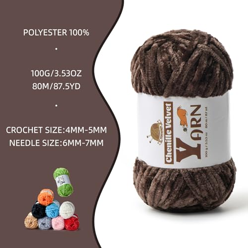 Image of 3 Pack Plush Chenille Chunky Yarn - Fluffy Velvet Yarn Crochet for Blanket Knitting and Crocheting - Soft Baby Yarns for Crocheting - Amigurumi Crochet Yarns 100g (87dy) (Beige+Brown+Coffee