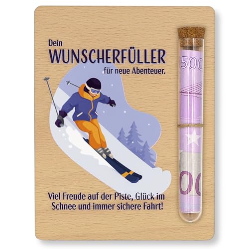 ZUKLA Verpackung für Geldgeschenk Skifahrer - 13 x 10 cm - mit Reagenzglas - Geschenk Skifahren