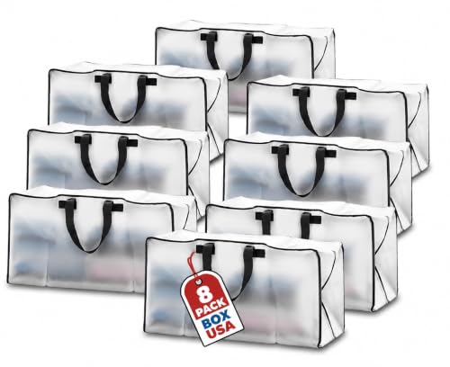 Image of BOX USA 8-Pack Moving Bags with Strong Handles & Zippers - Heavy Duty Extra Large Packing Bags for Storage, Moving Boxes, Dorm & College Supplies, Clear