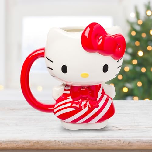 Image of Silver Buffalo Sanrio Hello Kitty Candy Cane Dress, 3D Sculpted Mug, 20oz