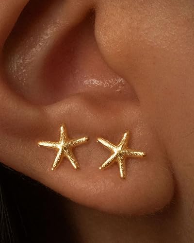 Gold Earrings for Women Trendy 14K Gold Plated Small Starfish Stud Earrings Dainty Lightweight Minimalist Simple Hypoallergenic Earrings Jewelry Gifts for Her2