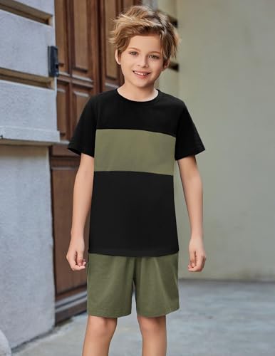 Image of Arshiner Boys' 2-Piece Cotton Outfit Color Block T-Shirt and Shorts Set Summer Camo Clothes for Kids 5-14 Years