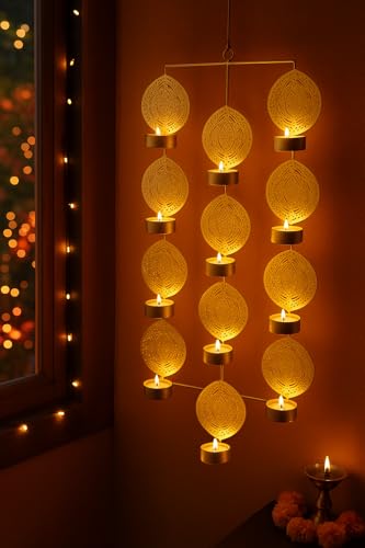 Image of CraftVatika Tealight Candle Holder,Festiv Diwali Decor Items, Wall Mounted Hanging Iron Leaf Design Tealight Candle Holder Stand Frame for Home Christmas Diwali Decoration Items, Wall Decor Items