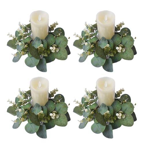 Aynaxcol 4 Pcs Candle Rings Artificial Eucalyptus Leaves Wreaths 10 Inch Candle Rings Wreaths Small Boho Wreath Pillar Candle Holder for Wedding Home Door Tabletop Decoration (Elegant Eucalyptus Leaf)