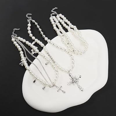 Bocar Gothic Cross Layered Pearl Necklace Chunky Statement Stacked Necklace Y2K Silver Layered Necklace for Women (NK-10769)