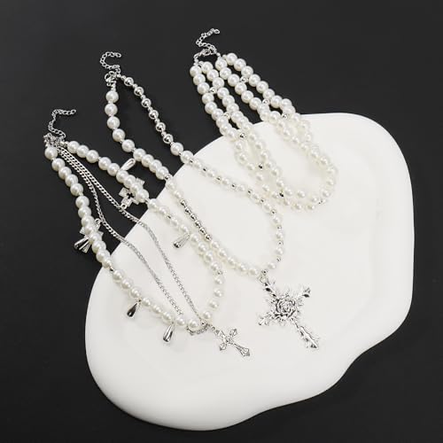 Bocar Gothic Cross Layered Pearl Necklace Chunky Statement Stacked Necklace Y2K Silver Layered Necklace for Women (NK-10769)4