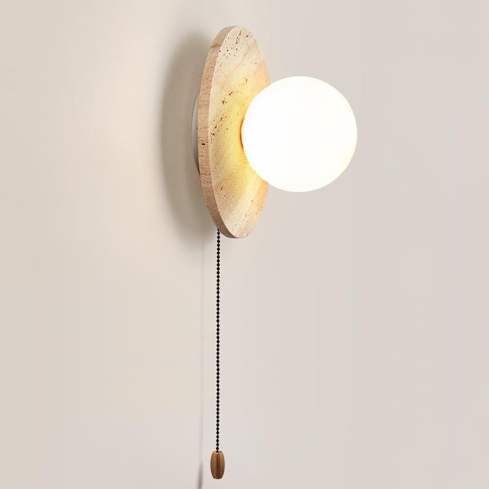 Modern Home Decoration Round Marble Wall Sconce with Pull Chain Switch White Milk Glass Mid Century Wall Mounted Light Farmhouse Natural Stone Bedroom Wall Lamp for Living Room Bedside