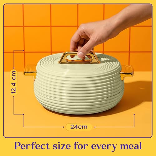 Image of SELVEL Smart Pot Insulated Casserole | Stainless Steel Inner | Luxury Gold Finish Handles & Lid | Double Wall Hot Pot for Roti, Chapati, Rice & Curry | Elegant Serving Casserole (Pista Green, 1500 ML)