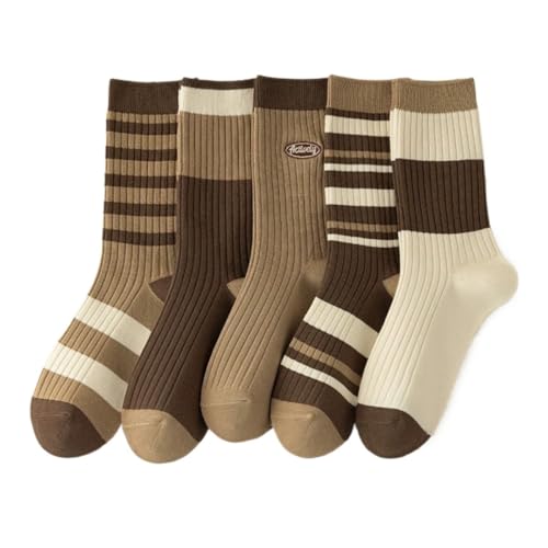 Women's Ribbed Crew Socks 5-Pack - Brown & Beige Striped Pattern, Soft Cotton Blend Neutral Tone Socks for Women & Teens, Comfortable Everyday Socks (Fits Shoe Size 5-9)