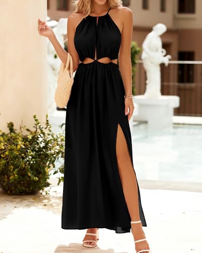 BTFBM Women Halter Summer Dresses 2025 Sleeveless Cutout Backless Sundress Slit Boho Casual Maxi Wedding Beach Dress2