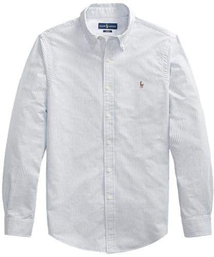 POLO RALPH LAUREN Men's Long Sleeve Slim Fit Oxford Button Down Shirt, Rl Striped Blue/White, Large