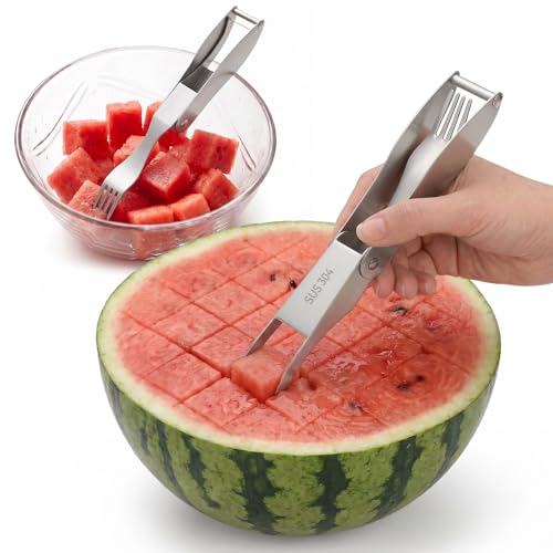 CripsTaste 2 Pack Watermelon Cutter with Retractable Fork, 2-in-1 Stainless Steel Fruit Cutter Watermelon Cutter Slicer Tool, Melon Slicer Cutter Tool for Home Party Camping Kitchen Gadget