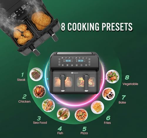 9L Dual Air Fryer with Digital Display, Healthy Oil Free 2500W Air Fryer with 8 Preset, LED One Touch Screen, Timer & Adjustable Temperature Control (9L(4.5L+4.5L) - Image 3