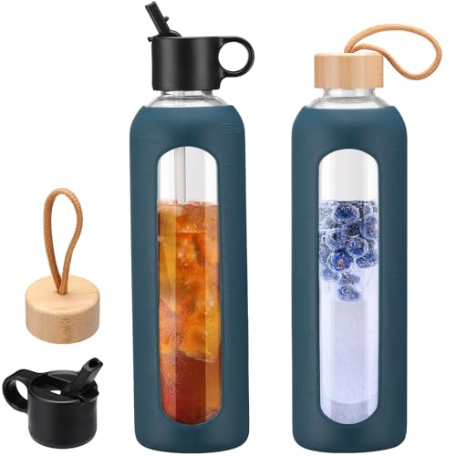 32oz-Glass-Water-Bottle-With-2-Lids-Flip-Straw-Lid-Bamboo-Lid-Glass-Water-Bottle-With-Silicone-Sleeve-Motivational-Time-Marker-Glass-Juice-Bottle-for-Cold-Drink1-Pack-Navy-Blue