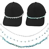 3pcs Blue Trucker Hat Chains, DIY Baseball Tucker Cap Chain Fashion Turquoise and Pearls Hat Chain Decorative Chain Accessory for Caps Metal Trucker Hats Chains Bulk Charms for Woman Man