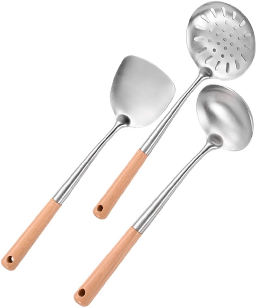 3Pcs Wood Handle Soup Ladle Spoon Colander Wok Spatula Cooking Accessories