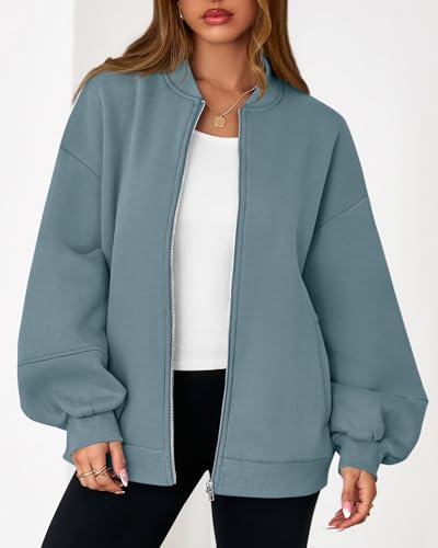 KIRUNDO Oversized Sweatshirt for Women Zip Up Bomber Jacket(Grey Blue, XXL) - image 6