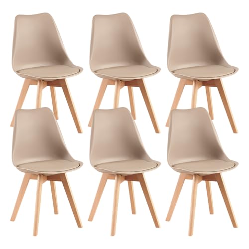 EGGREE Pack 6 Sillas de Comedor Sillas Cocina Nordica con Asiento Tapizado de Cuero PU y Patas de Haya, Caqui Claro