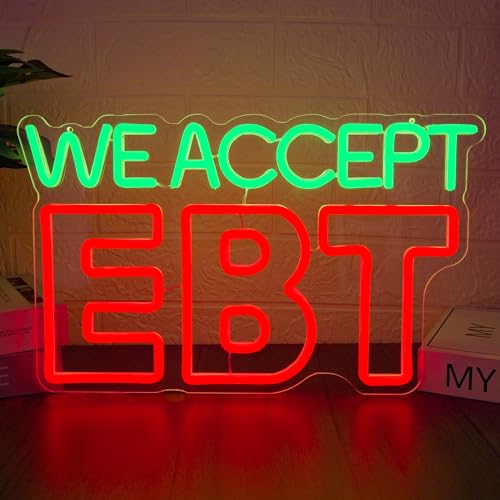 We Accept EBT Neon Sign Dimmable Usb Powered EBT Sign for Business Green & Red LED Display for Stores Welfare Payment Indicator (15.7 * 9.6inch)