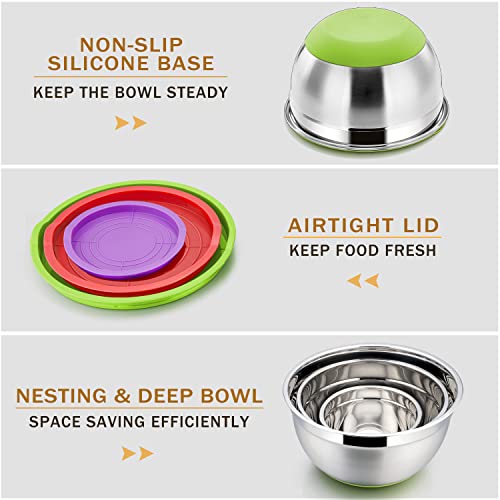 Herogo Mixing Bowls With Airtight Lids & Colander, 4Pcs Stainless Steel Nesting Bowls With Non-Slip Silicone Bottom For Mixing, 4 Size, 7, 5, 3.5, 1Qt, Large Metal Strainer For Kitchen, Multicolor #TOP2