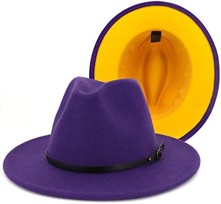 Gossifan Womens & Mens Two Tone Wide Brim Fedora Hats with Classic Belt Patchwork Felt Hats-B Belt Purple/Yellow