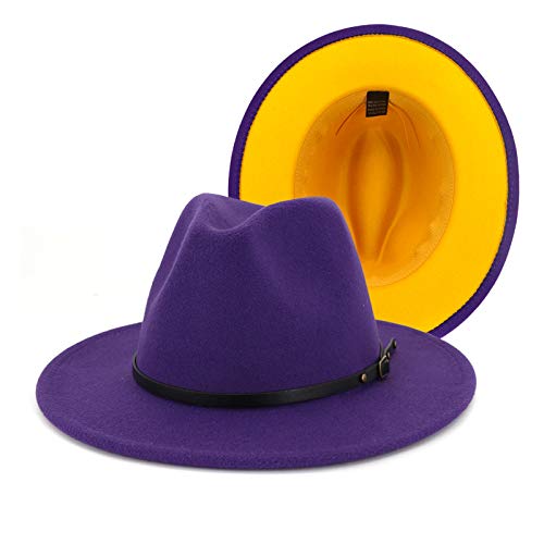 Gossifan Womens & Mens Two Tone Wide Brim Fedora Hats With Classic Belt Patchwork Felt Hats-B Belt Purple/Yellow #TOP26