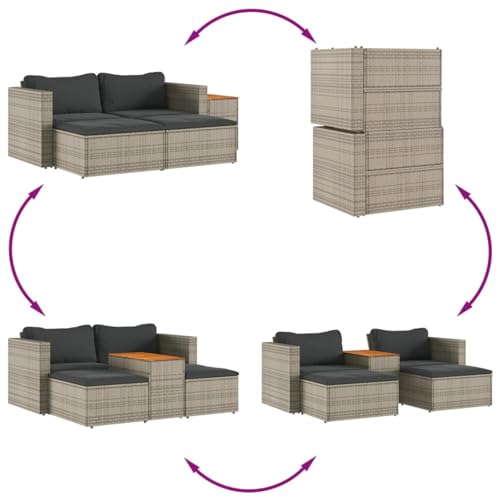IKAYAA Conjunto Jardín Exterior de Ratán y Acero, Muebles Jardín Exterior, Muebles de Terraza Resistente a la Intemperie, 2 Sillones, 2 Taburete, 1 Mesa con Madera de Acacial, con Cojines - Gris - imagen 4