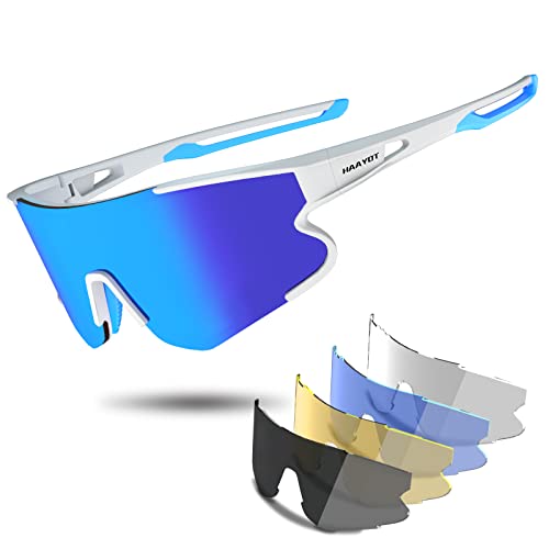 Haayot Cycling Glasses,Polarized Baseball Sunglasses For Men Women With 5 Lenses,Sports Running Biking Fishing Sunglasses White Blue #TOP9