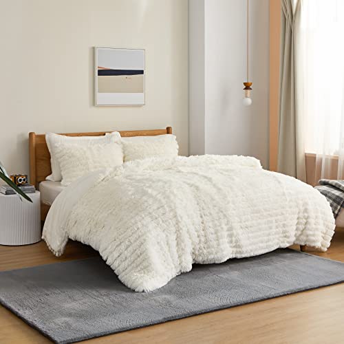 Bedsure Fluffy White Comforter Queen Set 3 Pieces - Faux Fur Stripes Design Comforter, Luxury Ultra Soft Plush Shaggy Bedding Set (1 Comforter + 2 Pillow Shams)