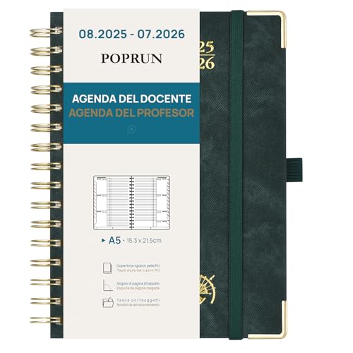 Poprun Cuaderno Del Profesor 2025 2026 A5 - Agenda Docente 25/26 Semana Vista Con Pestaña Mensual De Ago.2025 A Jul.2026. Tapa Dura De Cuero Vegano Y Papel Grueso De 90 G/M², Verde Oscuro