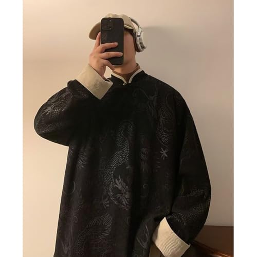 NCDUANSAN Chinese dragon pattern printed jacket, button neck men's autumn retro ethnic style, loose high neck for warmth2