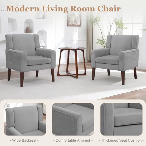 Image of Accent Chairs for Living Room, Mid-Century Reading Chair with Wood Legs, Upholstered Comfy Living Room Chair for Bedroom, Apartment, Waiting Room, Light Grey