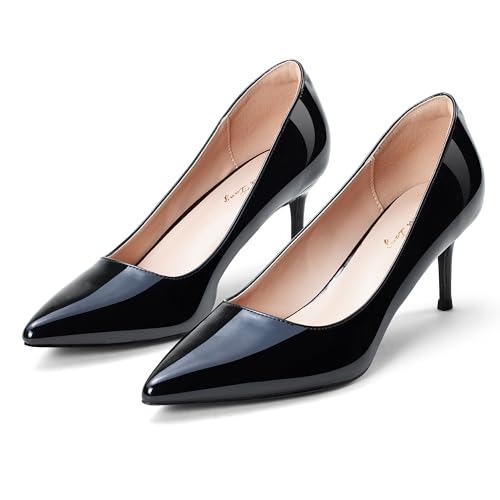 Elisabet Tang Kitten Heel Low Pumps 2.4 Inch Closed Pointed Toe Short Sexy Comfort Women Dressy Shoe at Work Office Date Prom Party Wedding Church Black Patent Size 11
