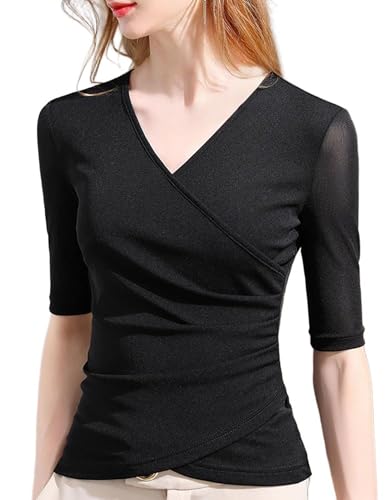 METWEY Wrap Tops for Women Summer Mesh Ruched Top Trendy 2025 Date Outfits V Neck Business Casual Work T Shirts Blouse