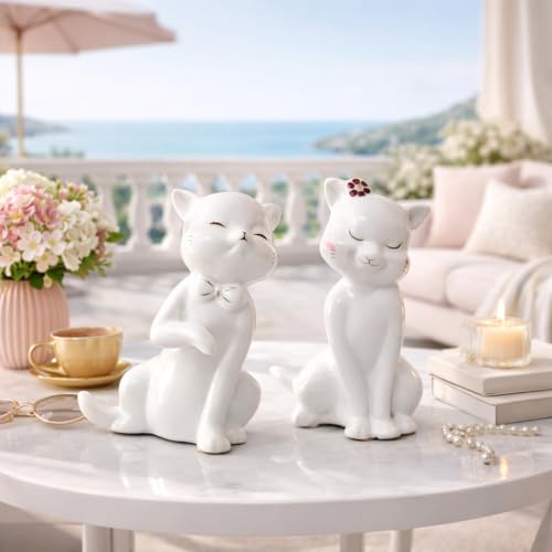 Image of Xtore Charming Ceramic Cat Couple Figurines for Home Decor | Minimalist Cute Showpieces for Living Room, Bedroom, Shelf & Gifting (White, 14 cm, Set of 2)