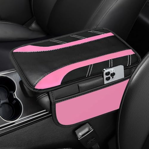 NBTEPEM Pink Center Console Cover, Sporty Leather Armrest Cover Cushion with 2 Storage Pockets, Universal Auto Middle Console Protector, Car Interior Accessories for Most SUV, Truck, Sedan Vehicles by NBTEPEM - Used condition - US$11.22