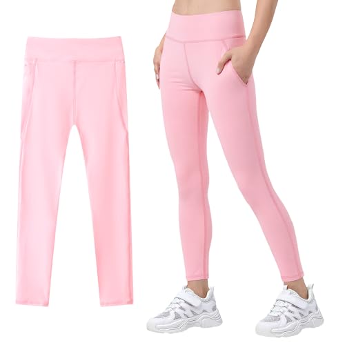 JinBei Sporthose Mädchen Leggings mit 2 Taschen Sportleggings Hohe Taille Elastisch Sportkleidung Kinder Atmungsaktive Lang Gymnastikhose Jogging Training Hose für 7-8 Jahre, GR.122-128, Rosa