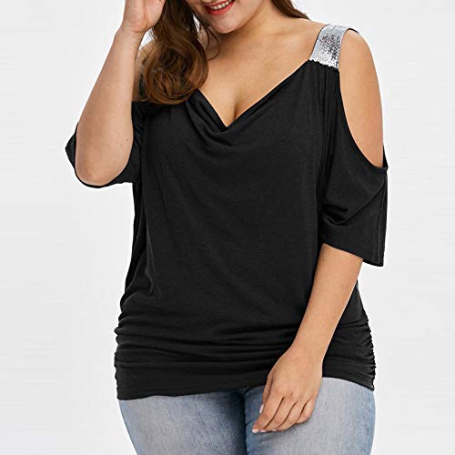 Women\'s Plus Size Sequin Strap Splicing Cold Shoulder Tunic Top Short Sleeve V Neck Basic T Shirts Blouse Pullovers Black - Thumbnail 3