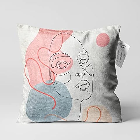 Cushion Cover with Abstract Face Pattern, Double Sided Printing on the Soft Chenille Fabric 22x22" (55x55cm) Throw Pillow Pink, Blue & Ecru Cover