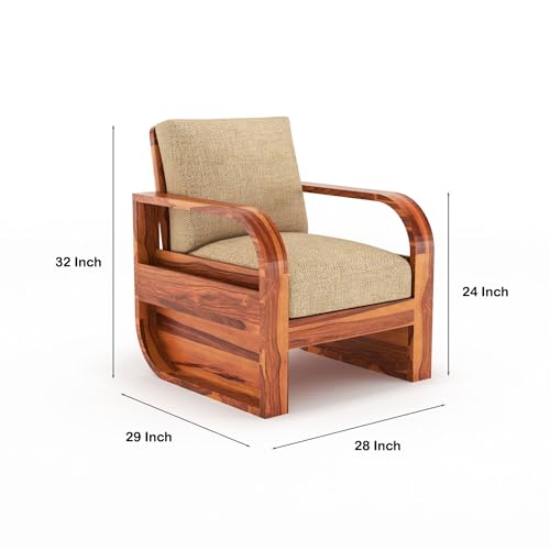 Image of Solid Sheesham Wood 4 Seater Sofa Set | Wooden Sofa Set for Your Living Room with Brown Cushions | Four Seater Sofa Set for Home (3+1 Mett, Honey)