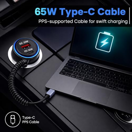 Image of Fire Turtle 125W Triple Output Fast Car Charger with 65W Type-C Cable, 30W Type-C PD, 30W QC USB Port, Compatible with Laptop, iPhone & Android Smartphone (Spring Cable Car Charger)